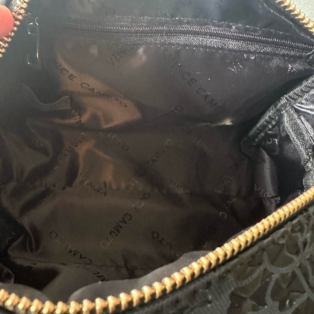 Vince Camuto Black Floral Embossed Cosmetic Bag Ball Charm Zipper Pull NWT - Picture 5 of 6